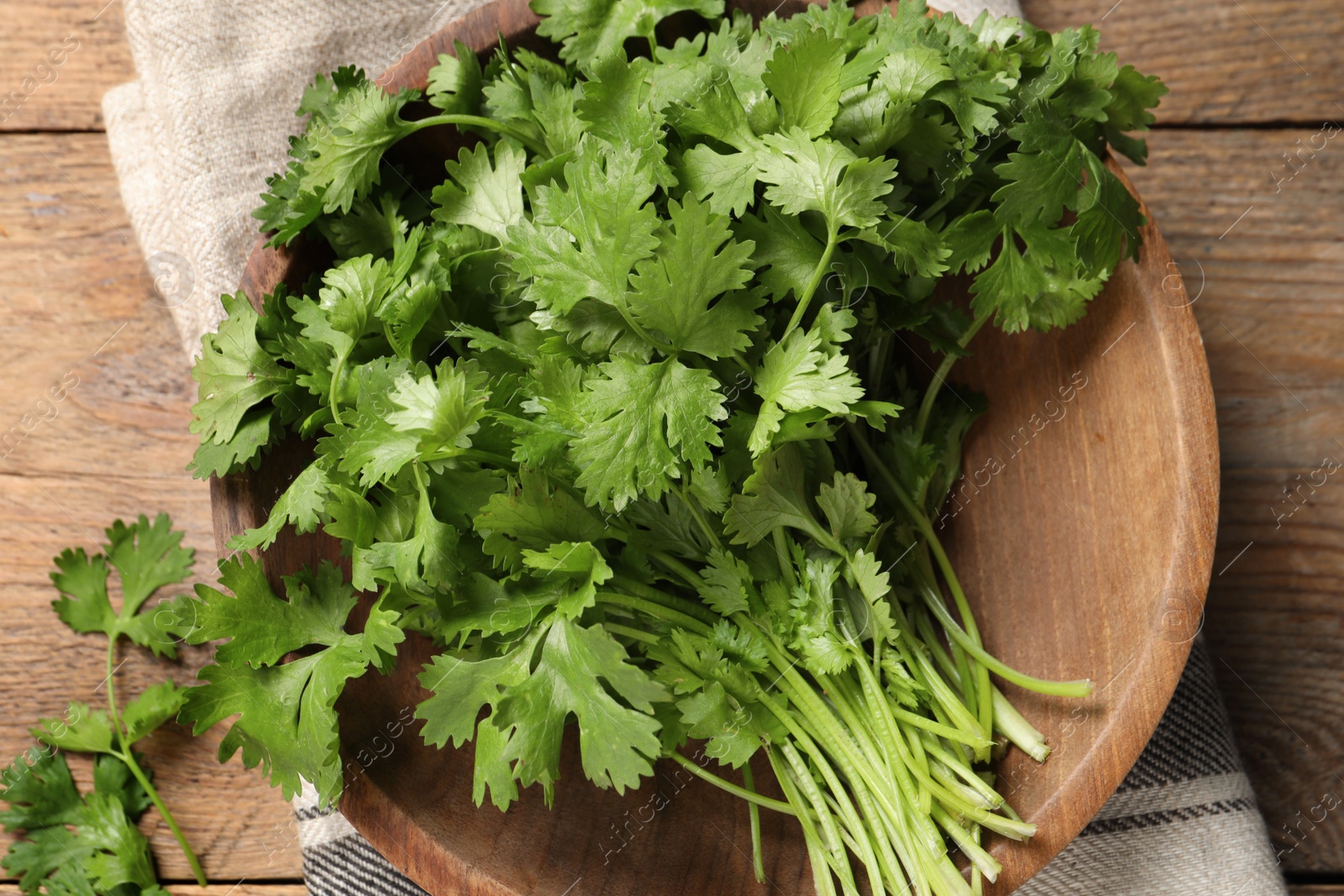 Photo of Bunch of fresh aromatic cilantro on wooden table, top view