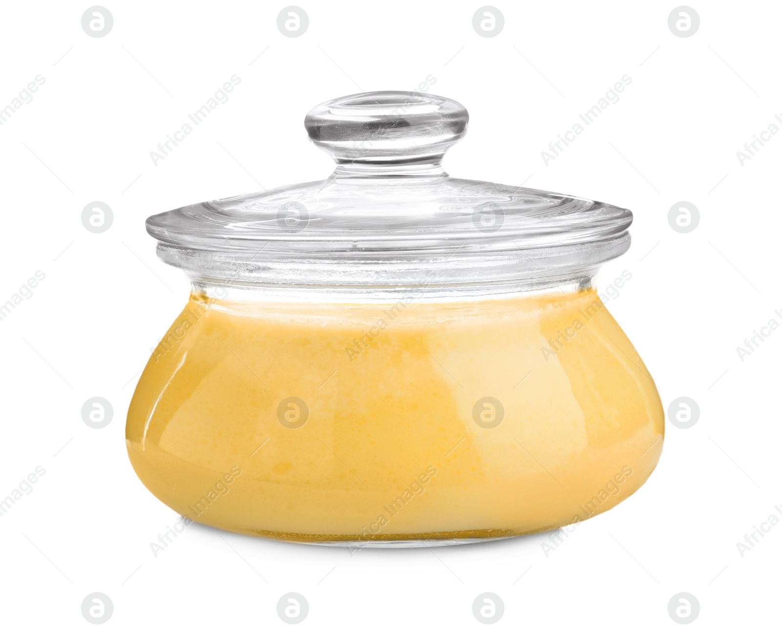 Photo of Glass jar of Ghee butter isolated on white