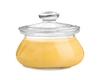 Photo of Glass jar of Ghee butter isolated on white