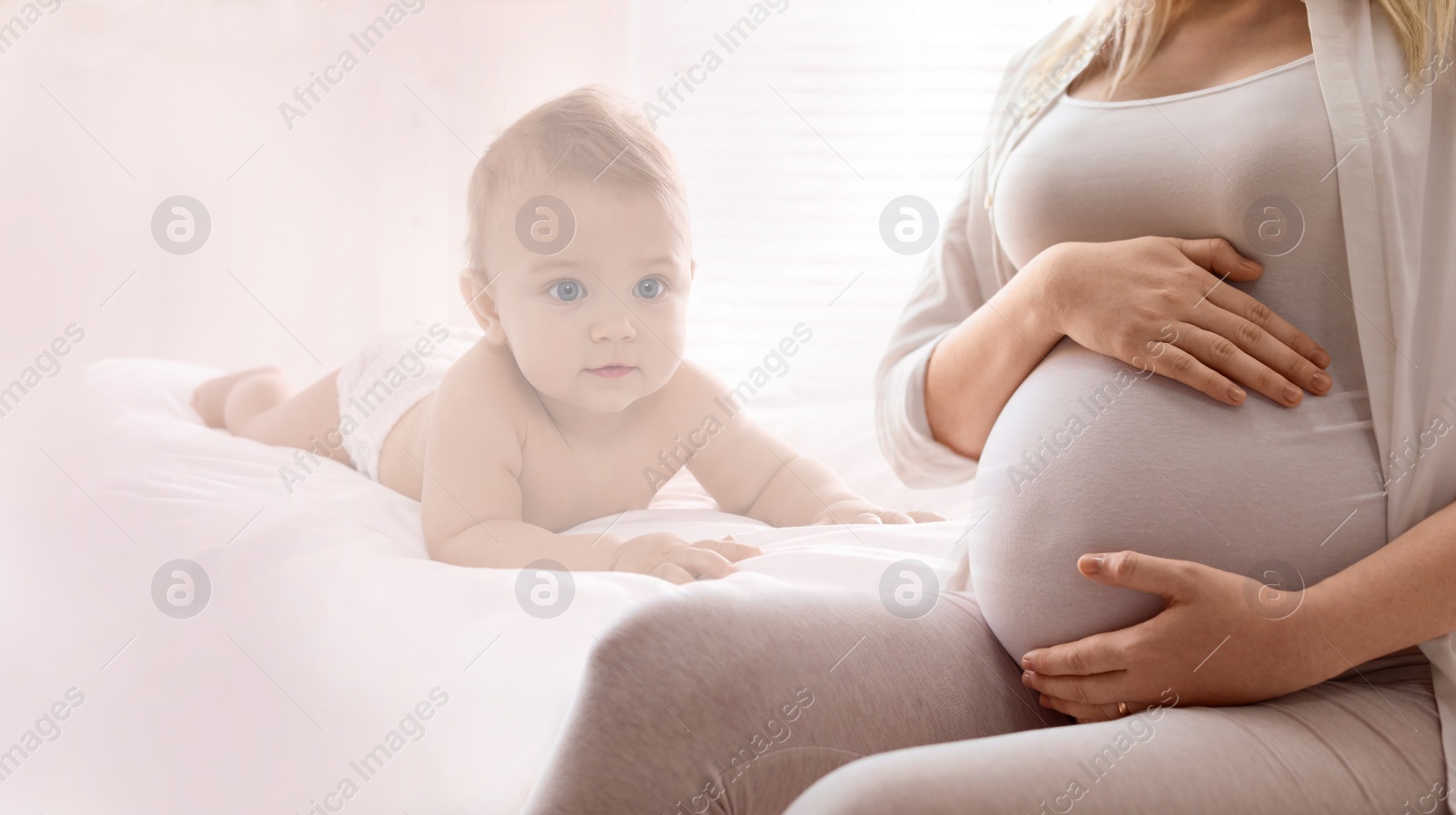 Image of Double exposure of pregnant woman and cute baby on light background