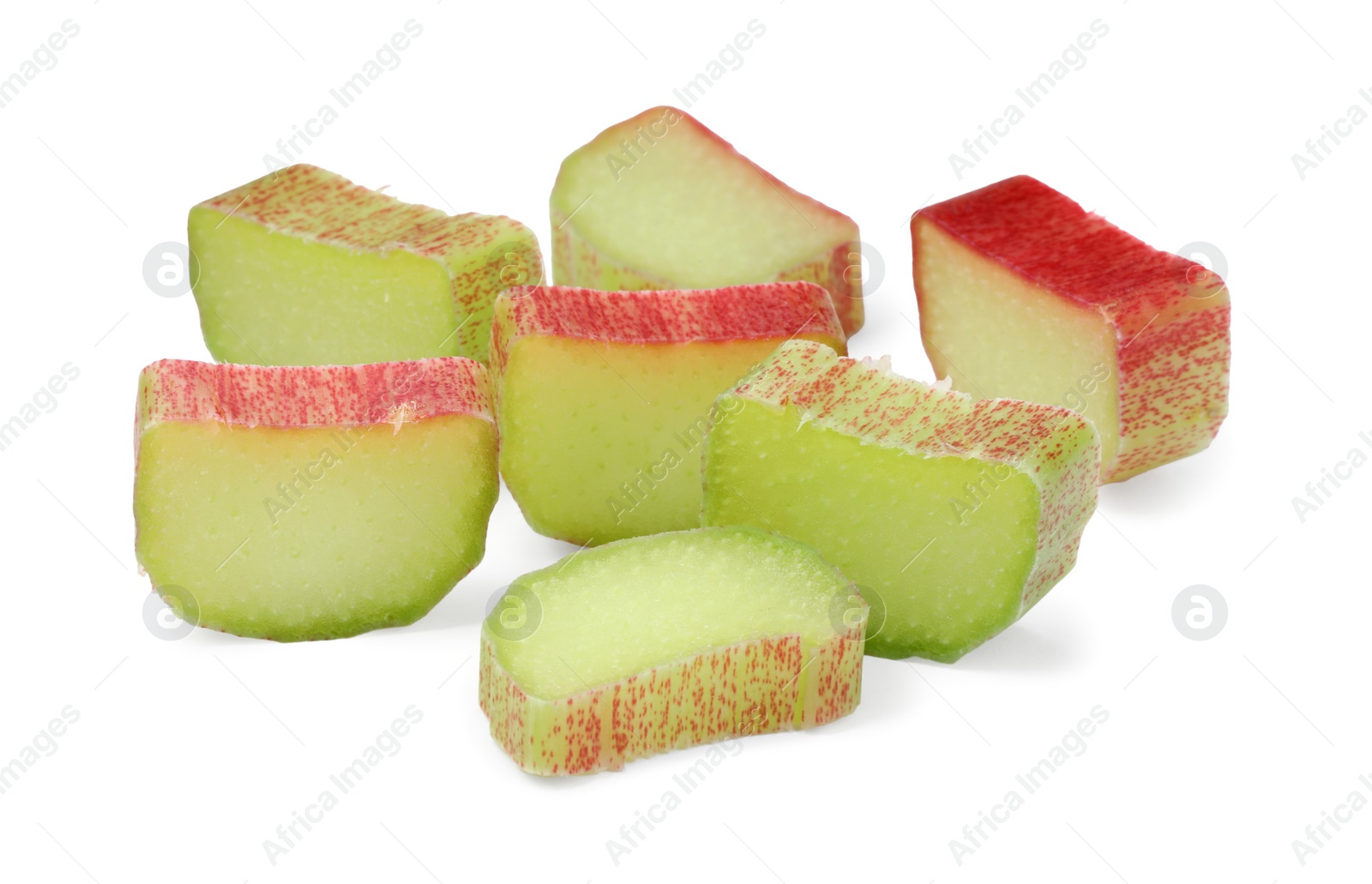 Photo of Pieces of fresh ripe rhubarb stalks isolated on white