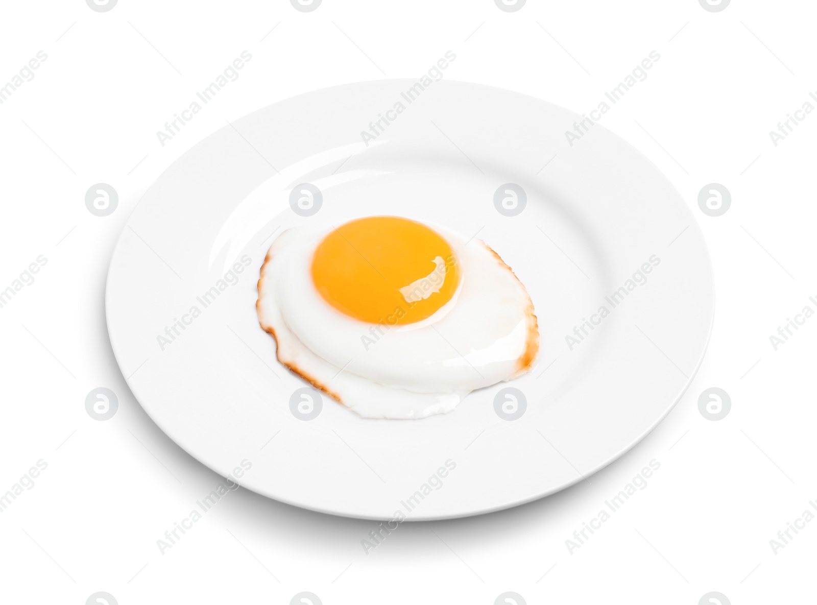 Photo of Plate with delicious fried egg isolated on white