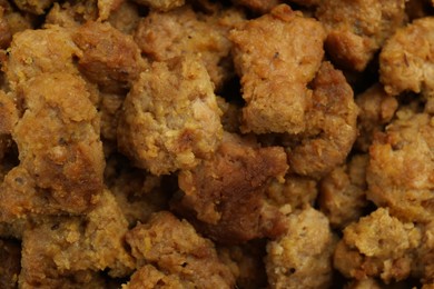 Photo of Delicious cooked soy meat as background, top view