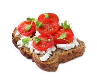 Photo of Delicious sandwich with cherry tomatoes, microgreens and cheese on white background