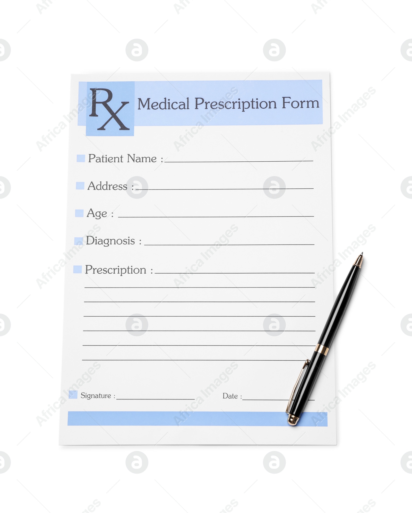 Photo of Medical prescription form and pen isolated on white, top view