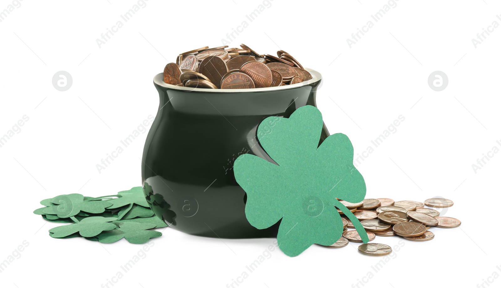 Photo of Pot of gold coins and clover on white background. St. Patrick's Day celebration