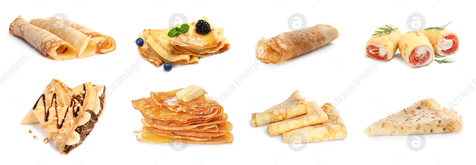 Image of Set of tasty thin pancakes on white background. Banner design