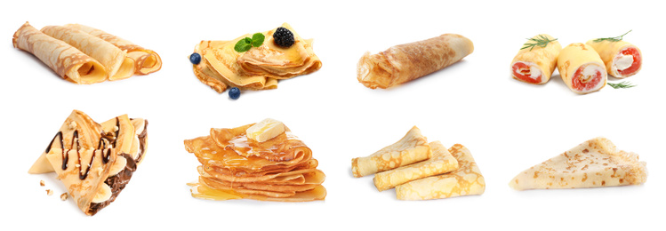 Set of tasty thin pancakes on white background. Banner design