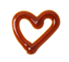 Photo of Heart made of tasty barbecue sauce isolated on white, top view