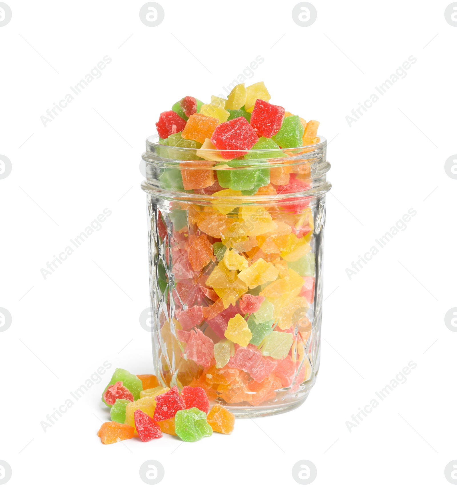 Photo of Mix of delicious candied fruits in jar on white background