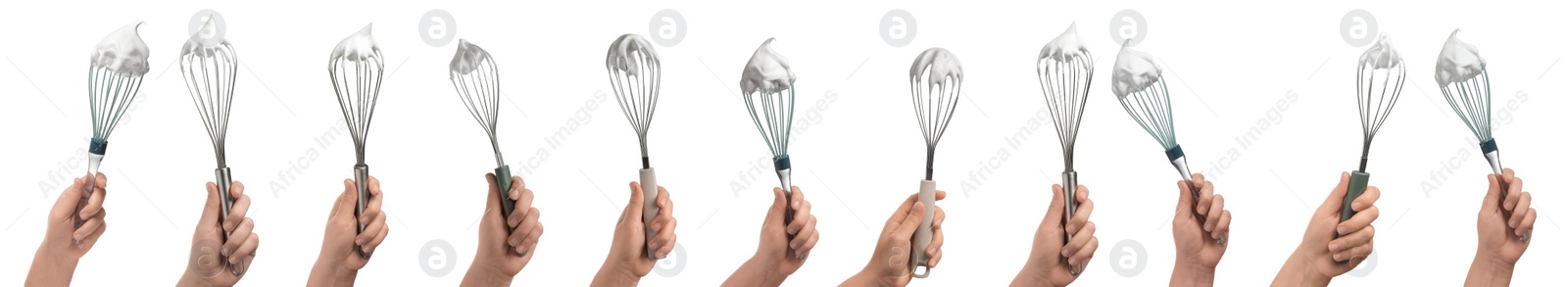 Image of People holding whisks with cream on white background, closeup. Collection of photos