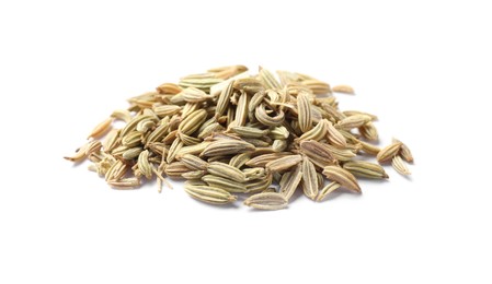 Photo of Pile of dry fennel seeds isolated on white