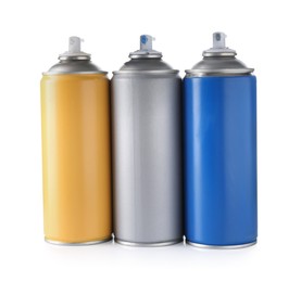 Photo of Many spray paint cans isolated on white