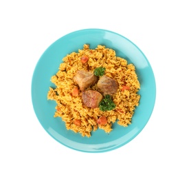 Plate with rice pilaf and meat on white background, top view