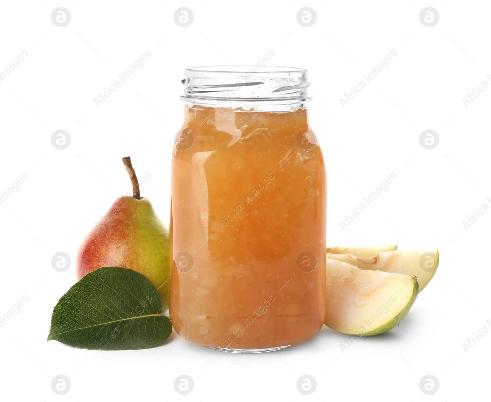 Photo of Delicious pear jam and fresh fruits on white background