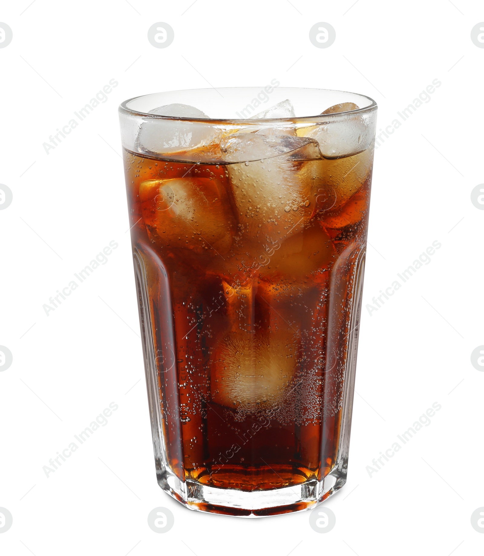 Photo of Glass of refreshing soda drink with ice cubes isolated on white