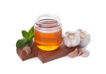 Photo of Honey, garlic and fresh mint for cough treatment. Cold remedies on white background