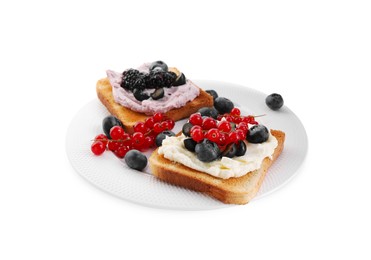 Photo of Tasty sandwiches with cream cheese, blueberries, red currants and blackberries on white background