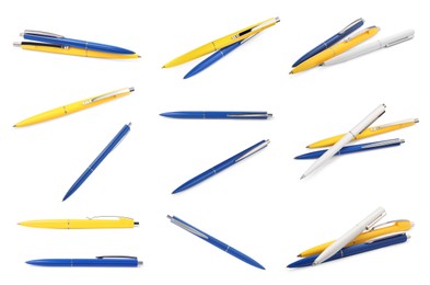 Image of Collage with colorful pens on white background