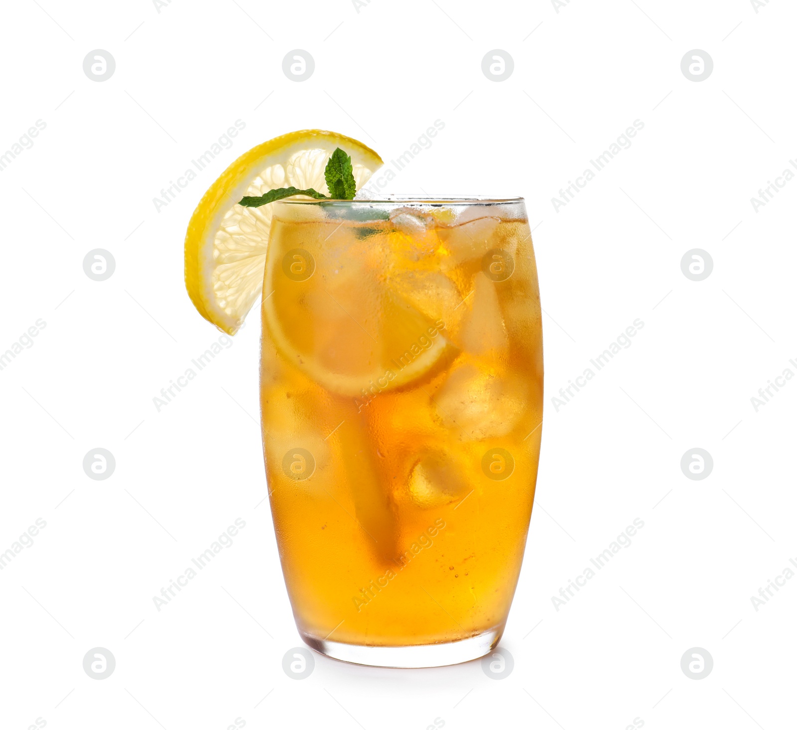 Photo of Delicious iced tea in glass on white background