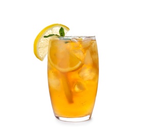 Photo of Delicious iced tea in glass on white background