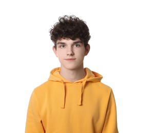 Photo of Portrait of cute teenage boy on white background