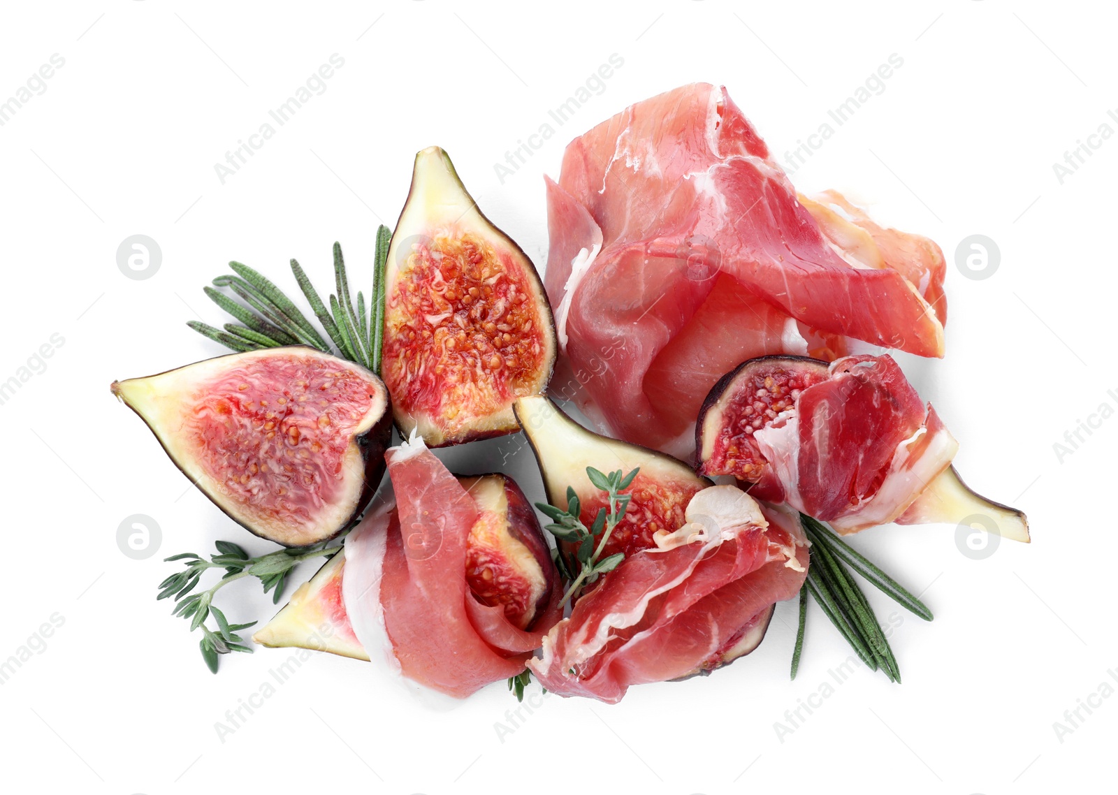 Photo of Delicious ripe figs, prosciutto and herbs on white background, top view