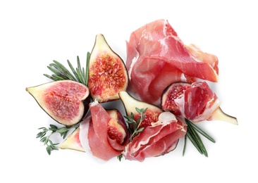 Photo of Delicious ripe figs, prosciutto and herbs on white background, top view