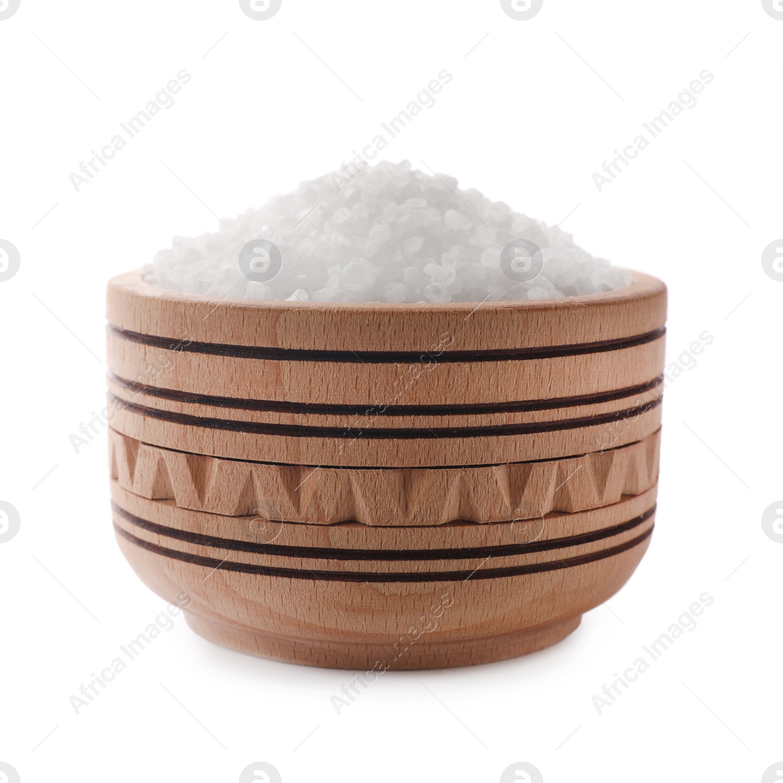 Photo of Natural salt in wooden bowl isolated on white