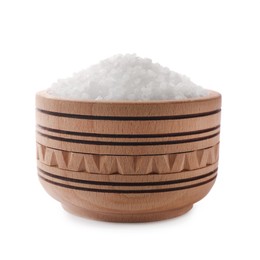 Photo of Natural salt in wooden bowl isolated on white