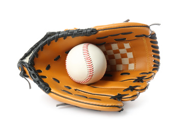 Photo of Leather baseball glove with ball isolated on white