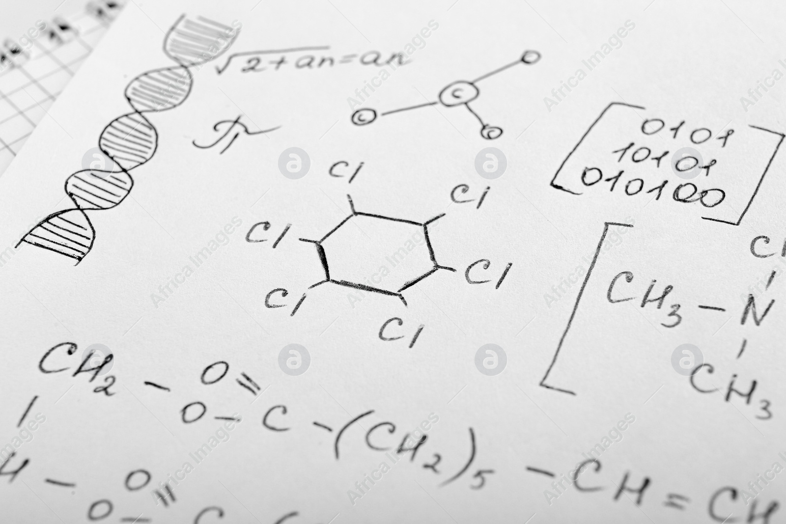 Photo of Sheet of paper with different chemical formulas, closeup