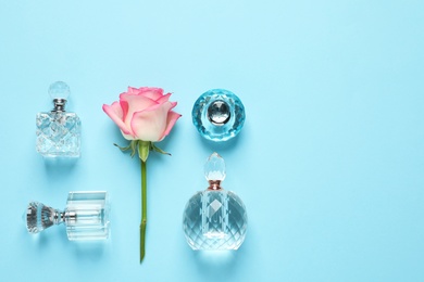 Flat lay composition with perfume bottles and flower on light blue background, space for text