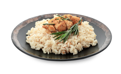 Photo of Delicious risotto with chicken isolated on white