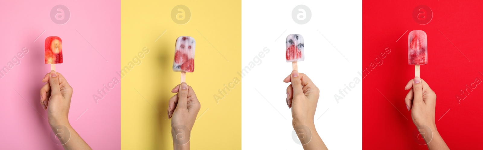 Image of Collage with photos of woman holding berry ice popsicles on different color backgrounds, closeup. Banner design