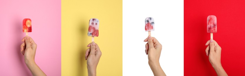 Collage with photos of woman holding berry ice popsicles on different color backgrounds, closeup. Banner design