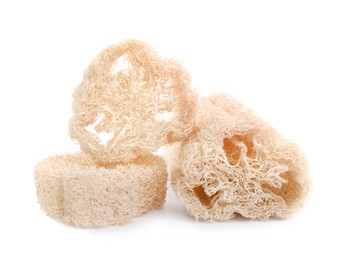 Photo of Loofah sponges isolated on white. Personal hygiene product