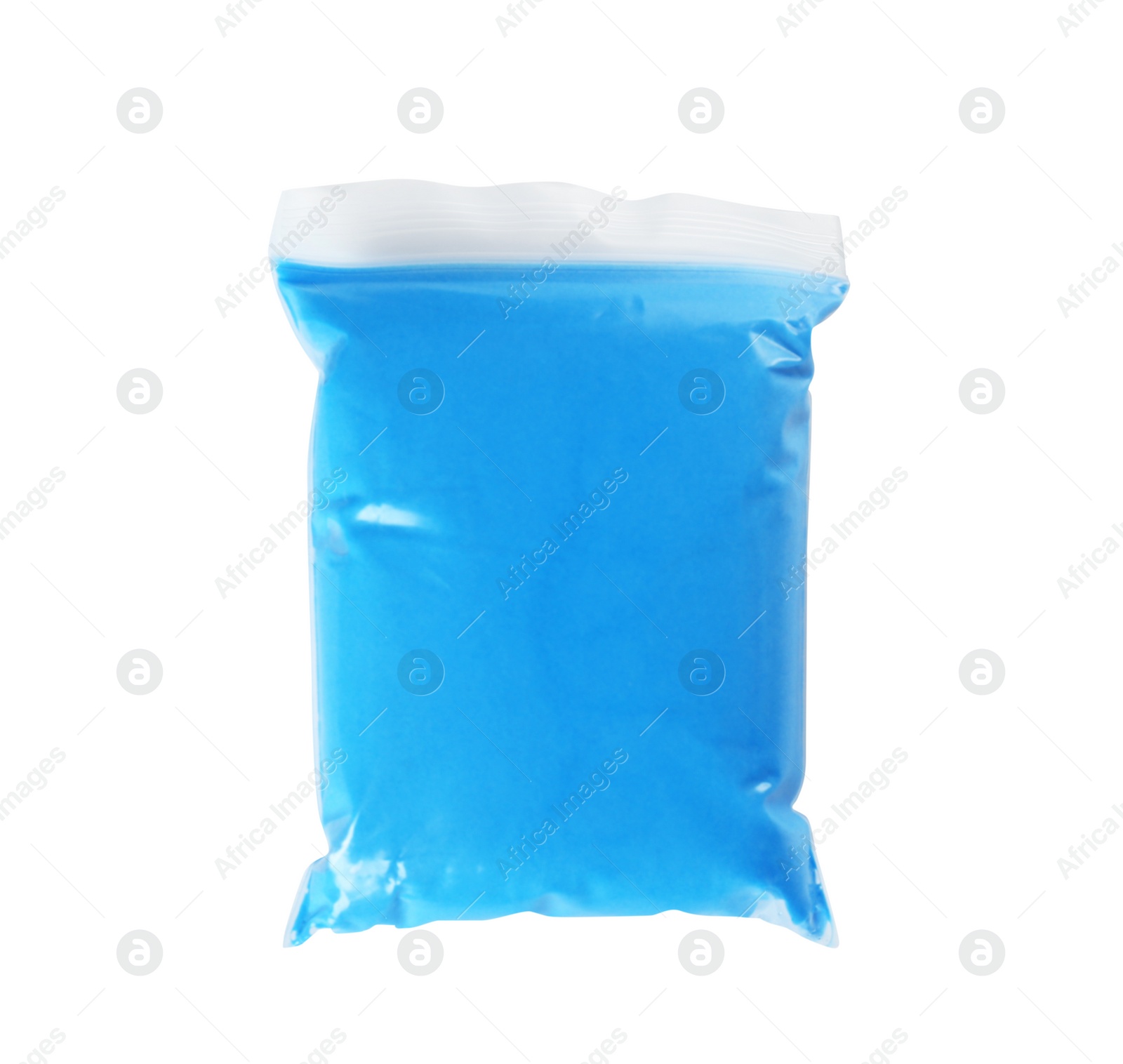 Photo of Package of light blue play dough isolated on white, top view