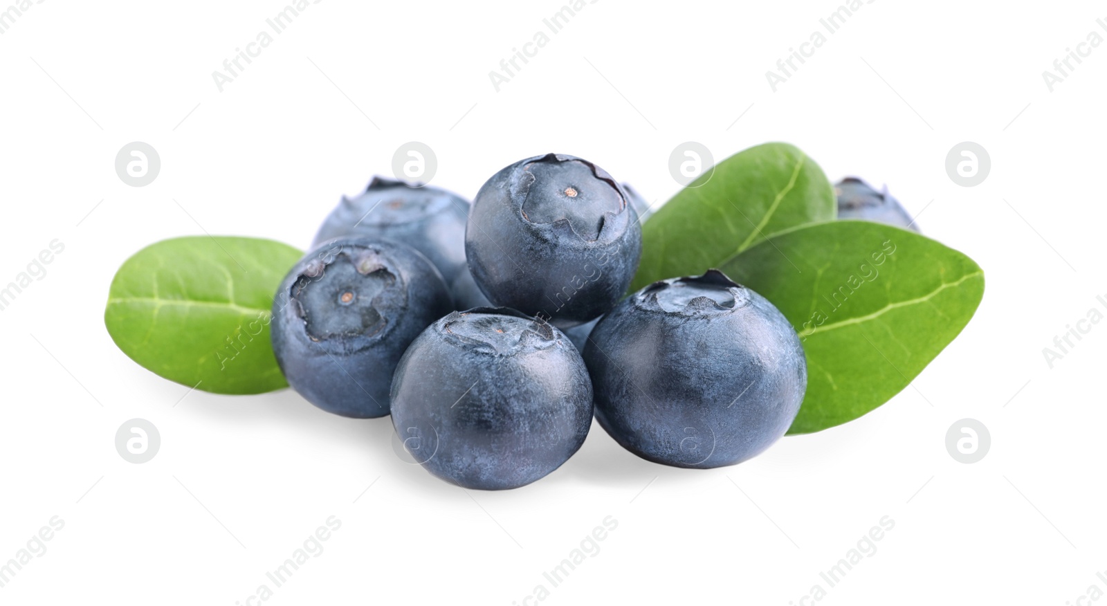 Photo of Fresh raw tasty blueberries with leaves isolated on white