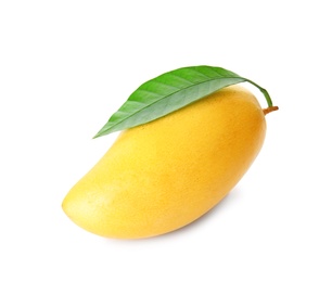 Fresh ripe mango with green leaf isolated on white