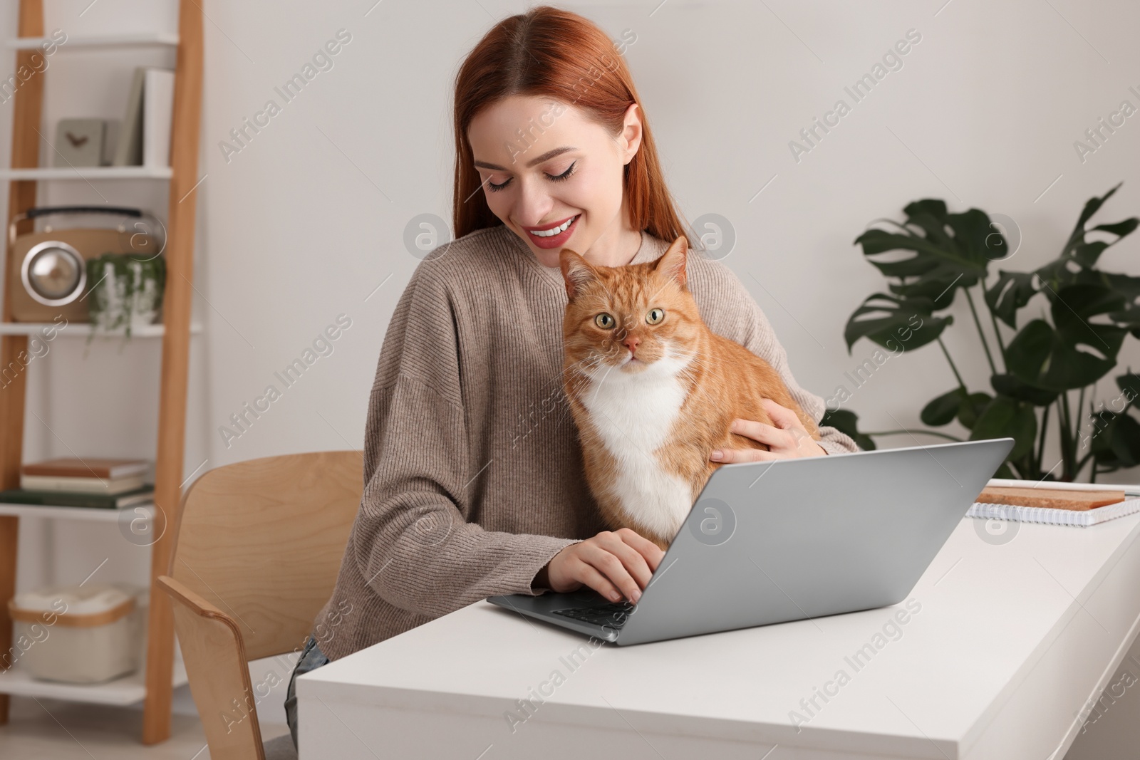 Photo of Happy woman with cat working at desk. Home office