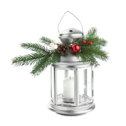 Photo of Lantern with Christmas decorations isolated on white