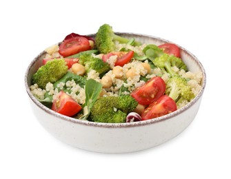Photo of Healthy meal. Tasty salad with quinoa, chickpeas and vegetables isolated on white