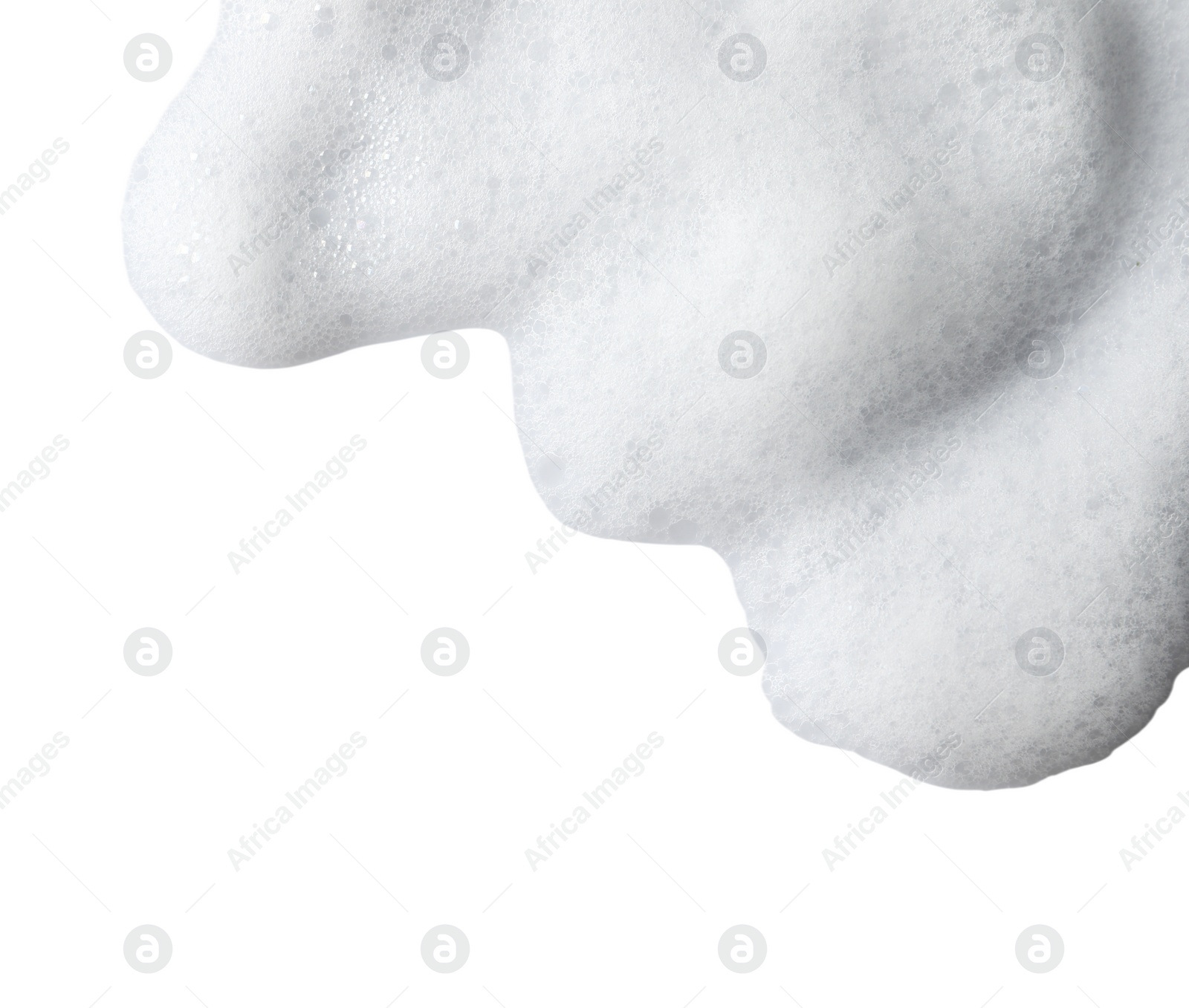 Photo of Fluffy soap foam isolated on white, top view