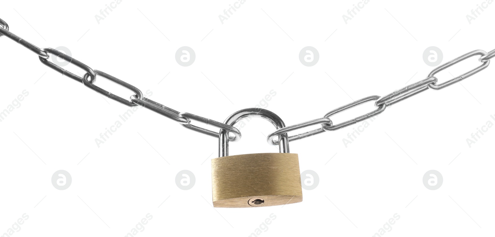 Photo of Steel padlock and chain isolated on white
