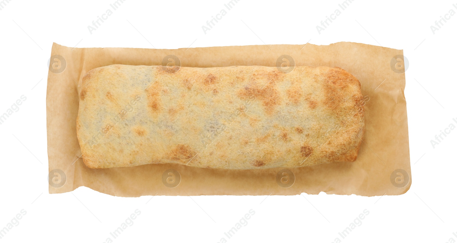 Photo of Delicious strudel with tasty filling isolated on white, top view