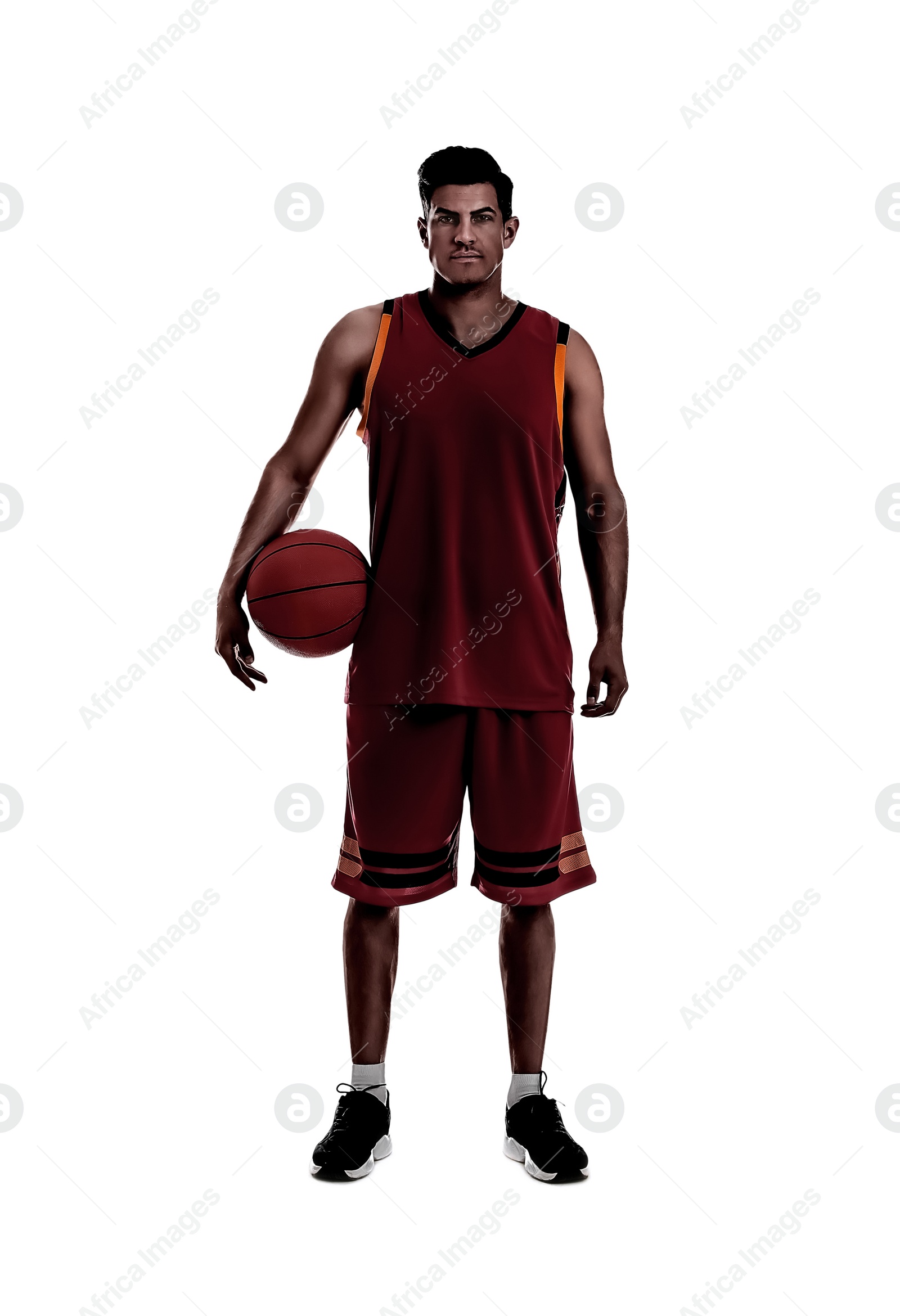 Image of Silhouette of basketball player with ball on white background