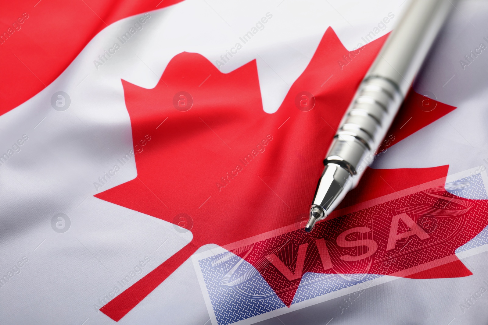 Image of Visa to Canada. Multiple exposure with national flag, closeup