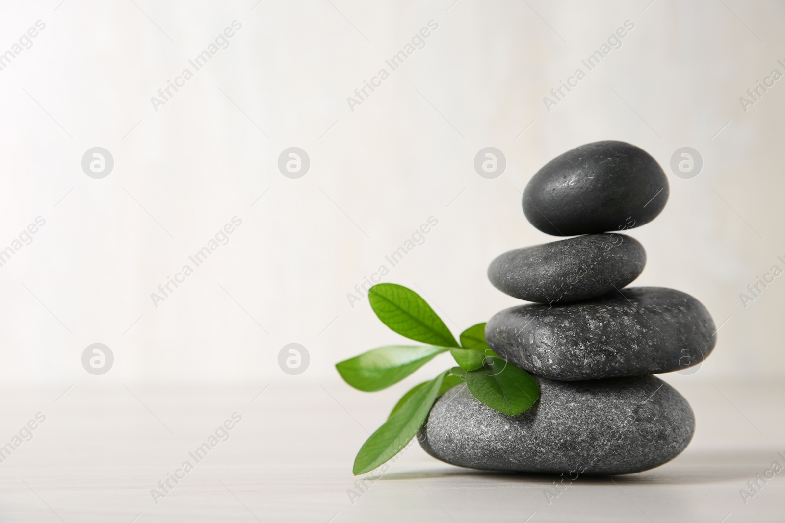 Photo of Spa stones with branch on light background. Space for text