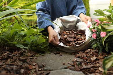 Photo of Woman holding sack with bark chips in garden, closeup